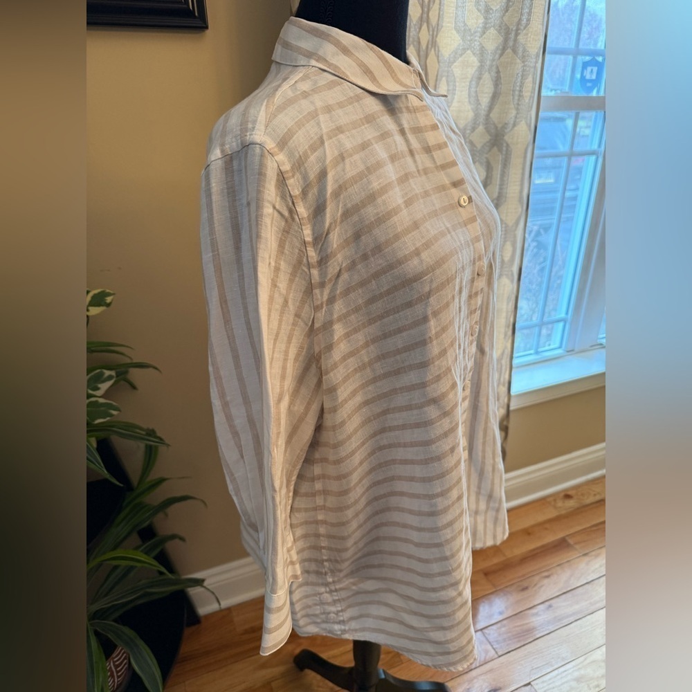 Chico's Striped 3/4 Sleeve 100% Linen Button Down Shirt Womens Sz 3P Beige/White - Picture 3 of 12